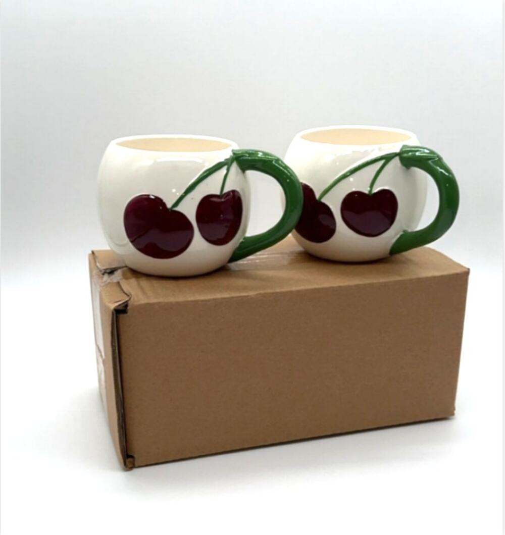 Room Essentials Target Cherry Mugs Set of 2 Red Green Coffee Cups New 2024